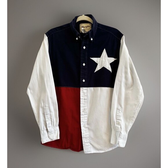 Wrangler Texas Flag Lone Star Long Sleeve Men's Medium Button Down Shirt - Picture 1 of 8
